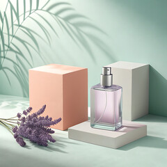 Minimalist perfume bottle display with natural elements and soft lighting studio setup illustration
