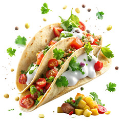 close-up of a taco filled with grilled chicken, splashes of salsa, guacamole, and sour cream bursting around, fresh cilantro leaves flying on a isolated white background. PNG