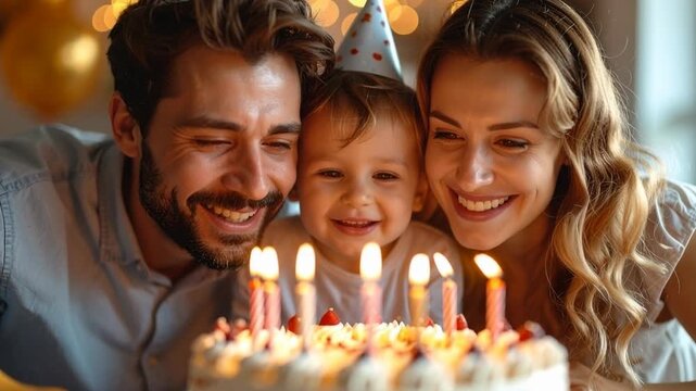 A family celebrates a birthday, joyful faces illuminate as they gather around a cake with lit candles. capturing a moment of pure family joy, love and shared celebration.