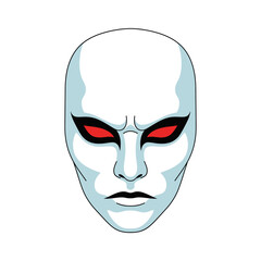 Fototapeta premium Intense White Mask with Piercing Red Eyes Staring Forward.