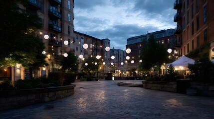 Atmospheric urban square at dusk adorned with glowing lanterns and soft ambient light surrounded by buildings and trees