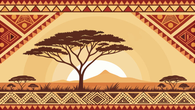 A silhouetted acacia tree during sunset on a savanna landscape