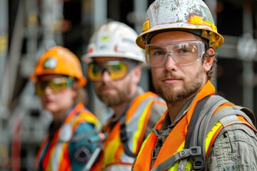 Construction workers team standing together wearing safety gear