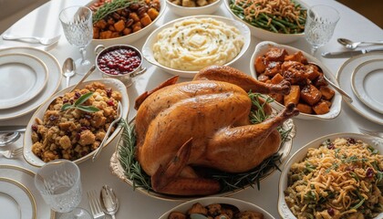A Thanksgiving feast featuring a roasted turkey and various side dishes