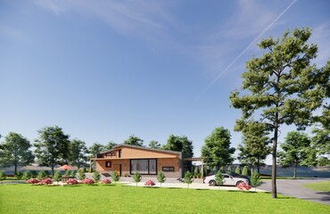 Obraz premium Architectural rendering illustration of a 3d country detached house with a brick finish and a zinc pitched roof with a beautiful garden.