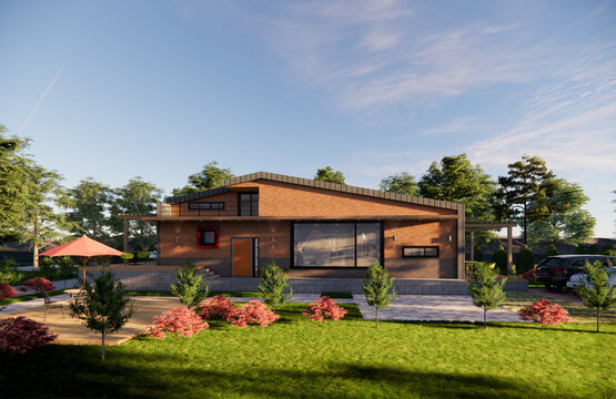 Architectural rendering illustration of a 3d country detached house with a brick finish and a zinc pitched roof with a beautiful garden.