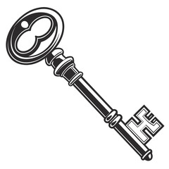 Vintage Black and White Oval Bow Skeleton Key Illustration antique