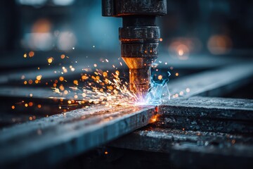 Metal laser cutting with bright sparks and smoke in dark industrial space. Depicts engineering, heavy industry, and manufacturing processes beautifully.