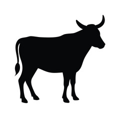 Silhouette of a majestic bull with prominent horns standing in profile against a white background
