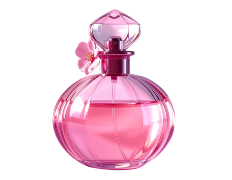 Elegant Perfume Bottle with Pink Liquid and Floral Accent, Luxury Beauty Product PNG Isolated (2)