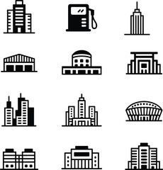 Obraz premium Black, icon, building, structure, office, apartment, gas station, temple, stadium, theater, warehouse, dome, tower, silhouette, vector, urban, architecture, commercial, cultural, modern, symmetr