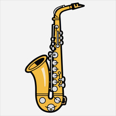 Naklejka premium Illustration of a yellow saxophone with silver keys and pads on a white background in a cartoon style.