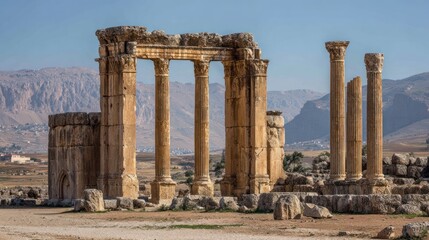 Obraz premium Ancient ruins with columns against a landscape under a clear sky
