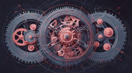 Obraz premium Mechanical gears interlocked concept with tech lines and complex structure