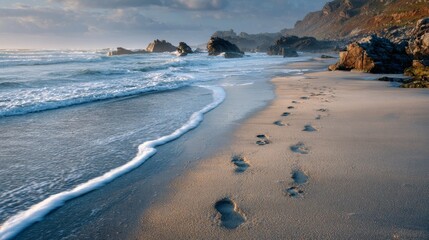 Footprints in the sand lead to the ocean as waves crash on a rugged, rocky coastline at sunrise