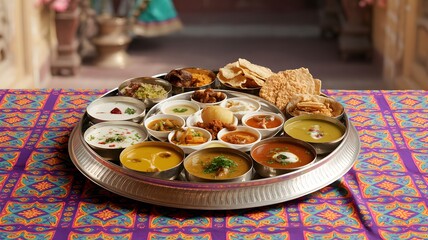 Royal Rajasthani Thali Top View Authentic Indian Thali Meal with Curries, Yogurt and Breads on O