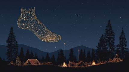 Digitally rendered foot over illuminated camping scene at night