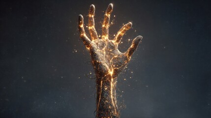 Artistic depiction of a glowing hand reaching upwards against a dark backdrop