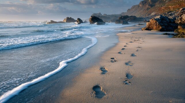 Footprints in the sand lead to the ocean as waves crash on a rugged, rocky coastline at sunrise