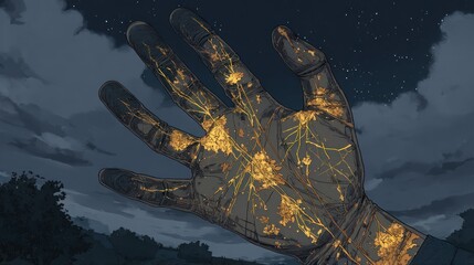 Abstract hand illustration with glowing golden patterns against a night sky