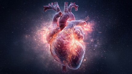Anatomical heart illustration with illuminated details against dark background