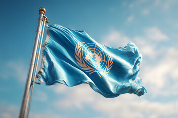 United Nations flag waving on blue background