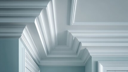 Obraz premium White crown molding design on ceiling and wall corner, interior detail. Use this for architectural detail, decoration, or elegant home improvement needs.