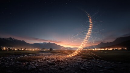 Luminous abstract spine like structure over landscape at dusk with mountains