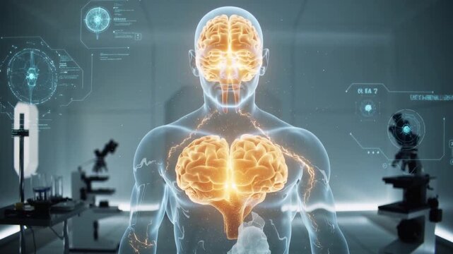 Glowing brain inside translucent human figure technology and science concept
