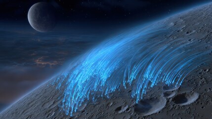 Digital artwork of celestial bodies with a blue aurora like display in space