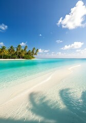 Fototapeta premium Tropical Paradise: Turquoise Waters and Palm-Fringed Island Under Azure Sky