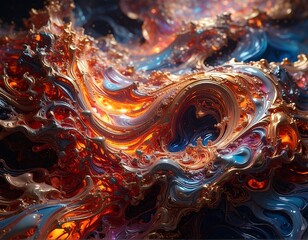 Abstract wave of swirling gold, orange, and blue hues creates a dynamic, textured pattern