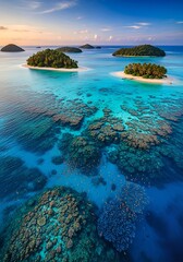 Naklejka premium Aerial View of Tropical Islands, Coral Reefs, Turquoise Waters, Paradise Scene.