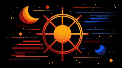 Abstract artwork of a celestial body with sun and moon elements