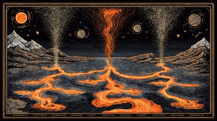 Illustration of a fantastic landscape with celestial bodies and rivers