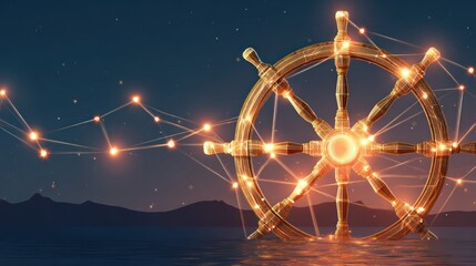 Decorative ship wheel illustration with glowing lights over a water scene