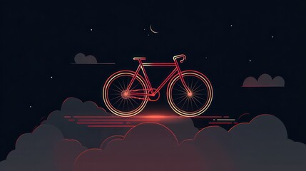 Red bicycle silhouette on cloudy night with stars and moon illustration