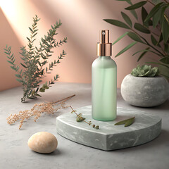 Minimalist spa aesthetic with a green glass bottle dispenser and natural elements for wellness products illustration