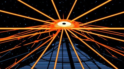 Abstract digital illustration of a central eye surrounded by radiating light beams