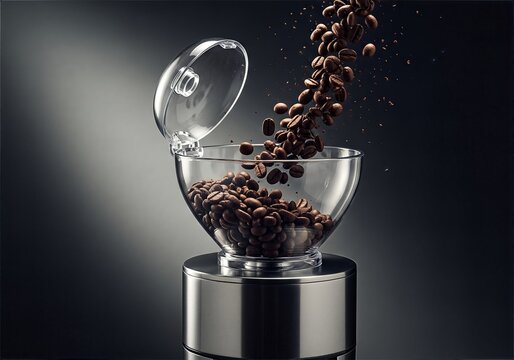Aromatic Cascade: Fresh Coffee Beans Pouring into a Sleek Modern Grinder