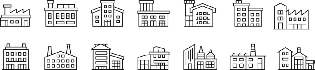 Industrial building icon set, modern factory vector collection, manufacturing plant illustration, warehouse and production architecture design, industry infrastructur