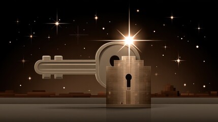 Key and padlock with sparkling light against night sky for security concept