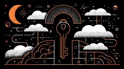 Key and clouds illustration security and access conceptual graphic on black