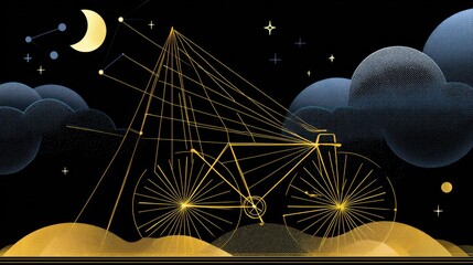 Artistic bicycle illustration under the night sky with golden lines and clouds