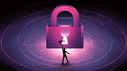 Silhouette reaching for a key within a digital padlock against a dark background