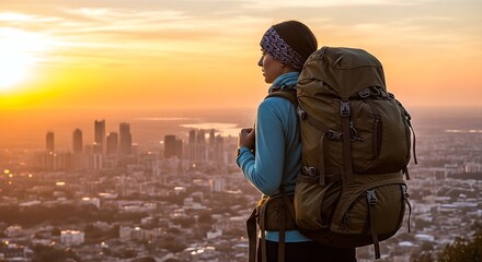 Hiker Contemplates Cityscape at Sunset, Backpack, Golden Hour, Adventure, Freedom.