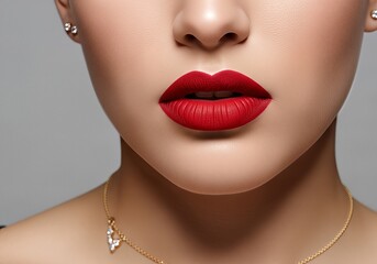 Perfectly Defined Matte Red Lips on Flawless Skin with Elegant Gold Jewelry