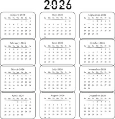 Year 2026 Calendar Printable Design with 12 months
