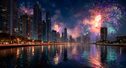Obraz premium Night cityscape with fireworks over modern buildings and a river reflecting city lights at night time
