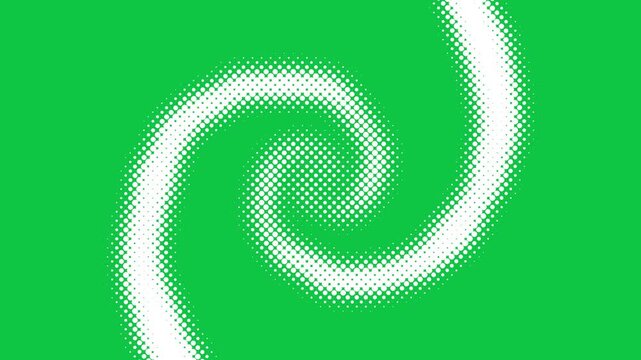 Checkered Halftone Pattern Abstract Background on green screen. Chequered Square Particles Subtle Texture Pop Art Design. Half Tone Contrast Graphic Minimalist Art Wide animation.  White vortex spiral